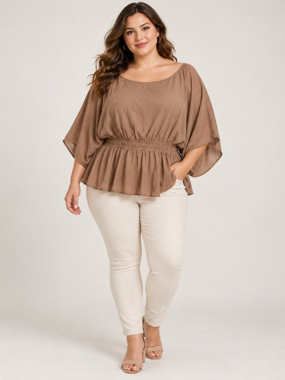 SHEIN Women's 2XL Tan Linen Blend Peplum Blouse Batwing Sleeves Boho Top